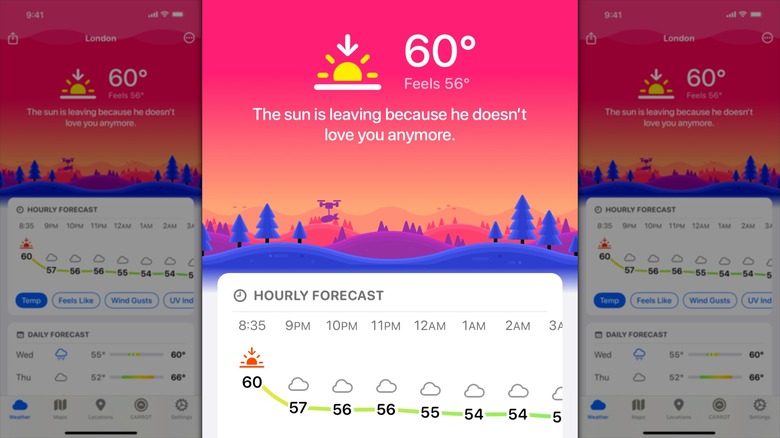 A screenshot from the Apple App Store for CARROT Weather, which is displaying an hourly forecast, the current temperature, and a cheeky remark