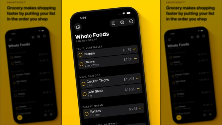 A screenshot from the Apple App Store showcasing the Grocery - Smart Shopping List an iPhone, the phone is displaying a grocery list contaning a list of items one would need to pick up from the store
