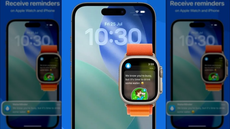 A screenshot from the Apple App Store showcasing the Water Track by Water Minder app on an Apple Watch, behind the watch is an iPhone displaying its Lock Screen