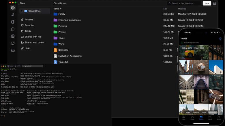 Filen Cloud desktop app showing cloud drive folders and files alongside a smartphone gallery with synced photos.