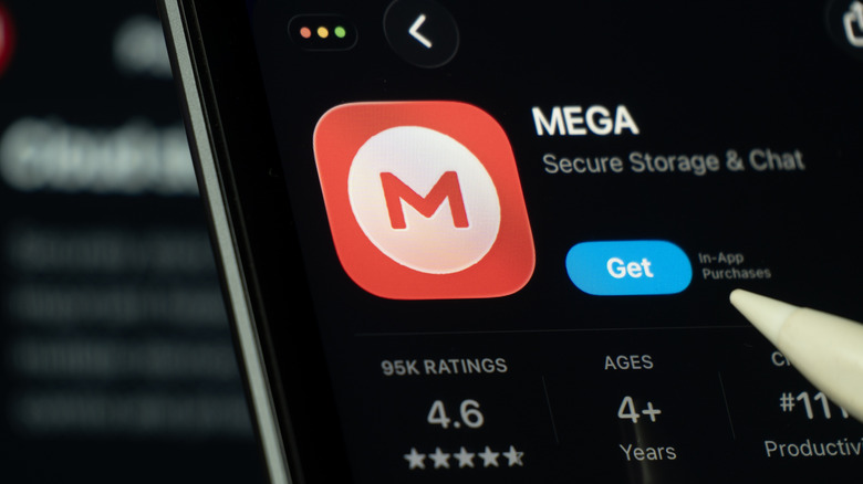 MEGA Secure Storage app shown on a smartphone screen with the Get button visible.
