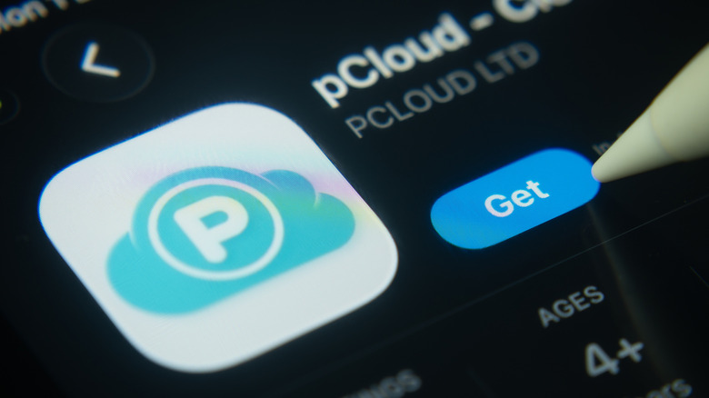 pCloud app listing shown on a smartphone screen with the Get button visible.