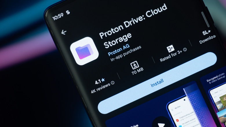 Proton Drive app listing on a smartphone screen with the Install button visible.