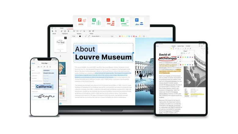 PDFGear app open on a laptop, iPad, and iPhone
