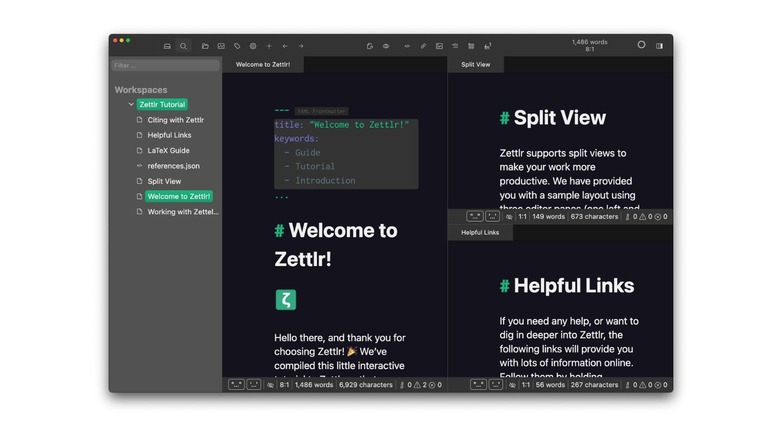 Zettlr editor interface showing split view in dark mode