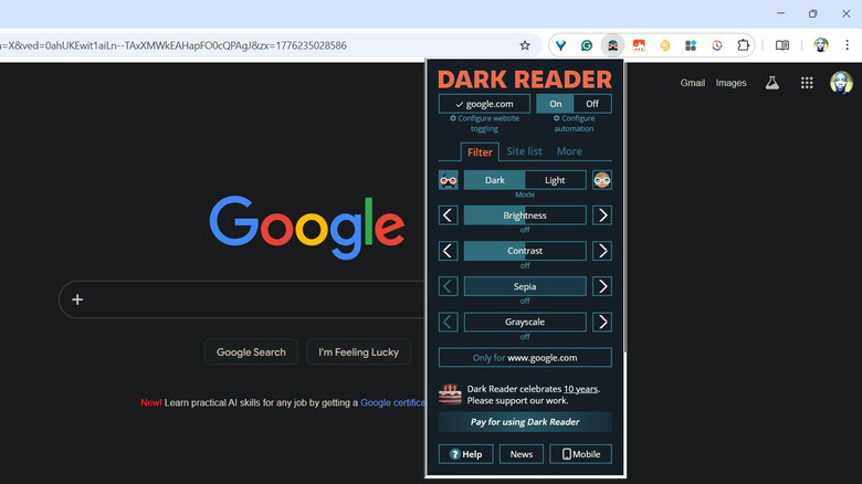 The Dark Reader Google Chrome Extension