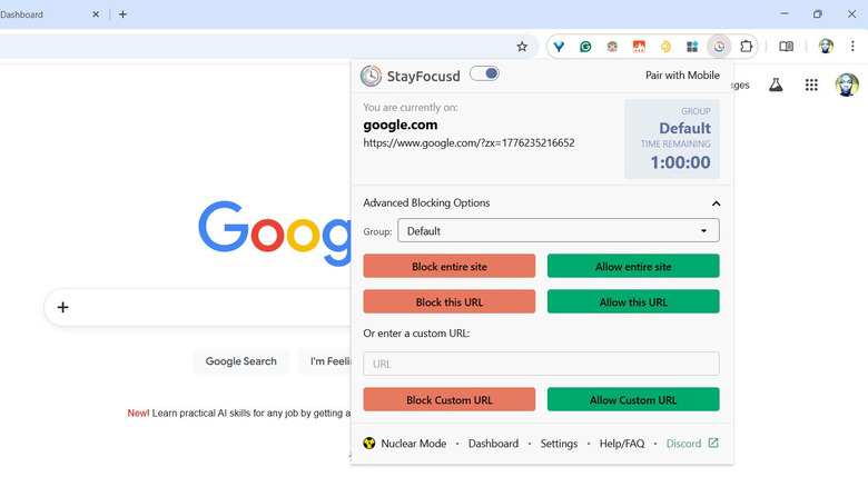 The StayFocusd extension in Google Chrome