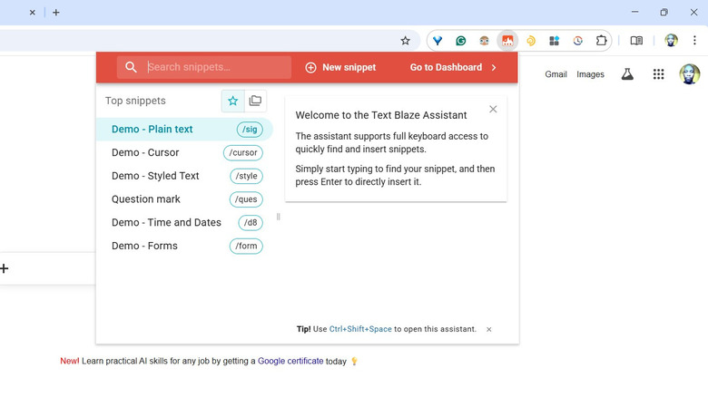 The Text Blaze extension in Google Chrome
