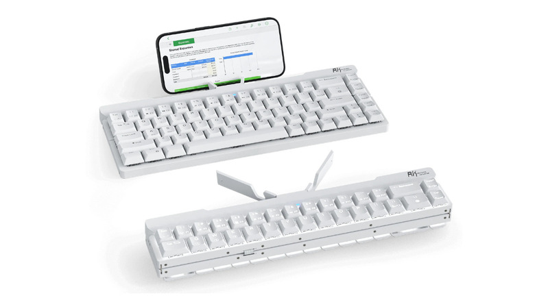 Two images of the Royal Kludge foldable keyboard in folded and non-folded form