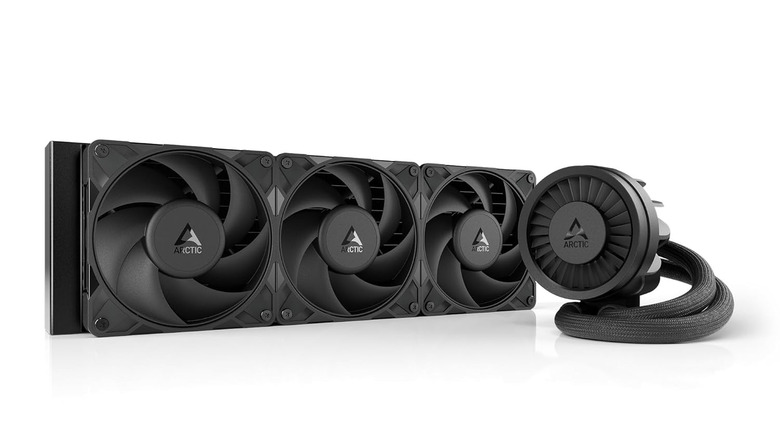Arctic Freezer III 360 AIO cooler with a triple-fan radiator, pump block, and braided tubing.