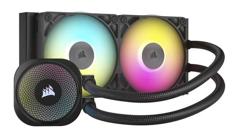 Corsair iCue Link Titan 240 RX RGB AIO cooler with dual RGB fans, pump block, and braided tubing.