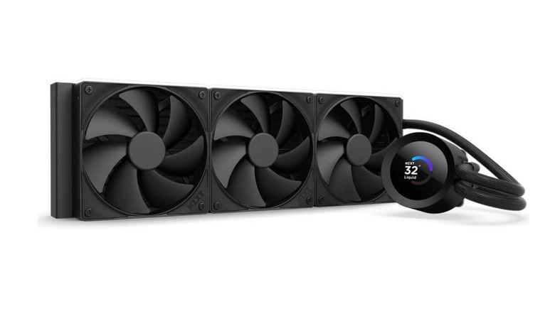 NZXT Kraken Plus 360 with a circular LCD pump display and braided tubing on a white background.