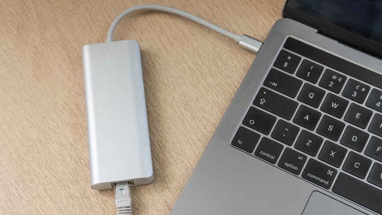 A MacBook connected to a USB-C hub