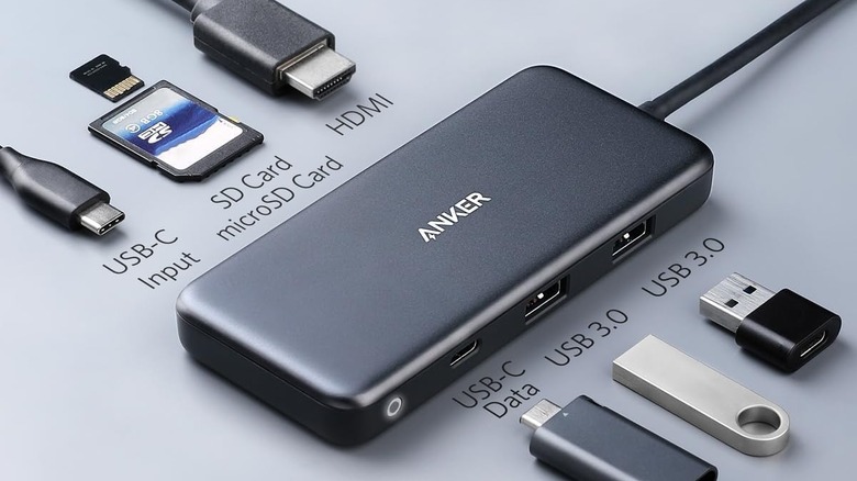 An Anker USB-C hub with accessories is pictured.