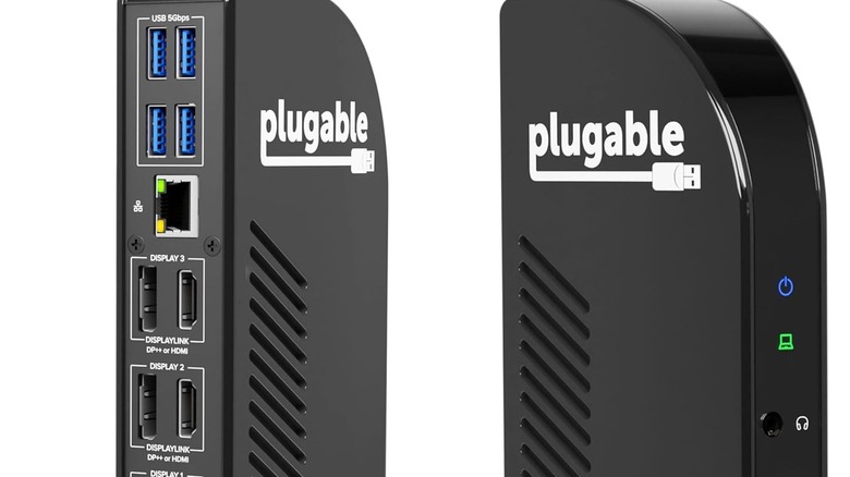 Two Plugable docking stations are pictured, side by side.