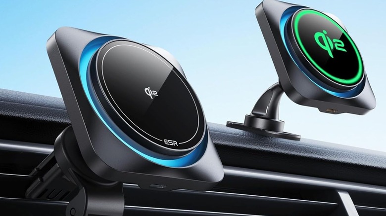 Two ESR Qi2 CryoBoost stands attached on a car vent and on the dashboard showing the different ways you can use them