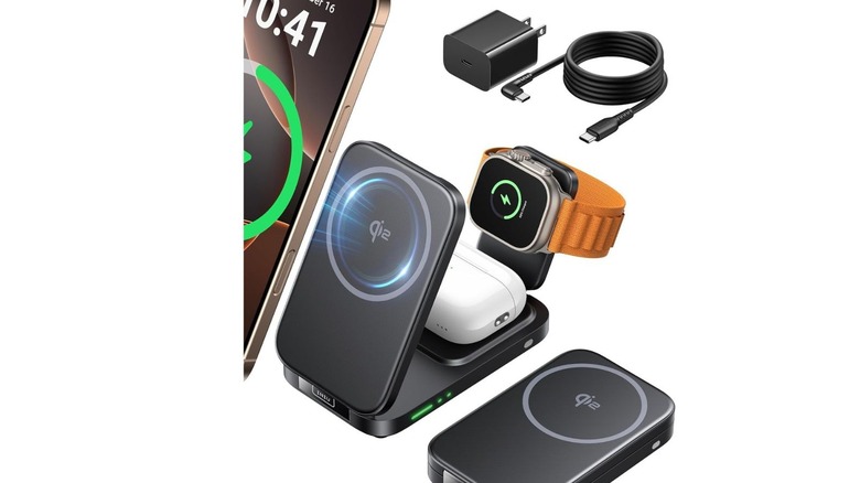The Inui 3-in-1 charger with Airpods, an Apple Watch, and an iPhone being charged. Also features the cable and the power adapter, as well as a Qi2 symbol on the front