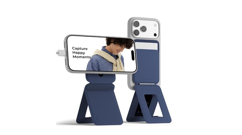 The Moft tripod wallet showing the tripod in both landscape and portrait orientations
