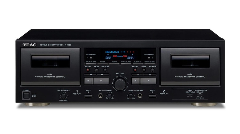 A black dual tape deck on a plain white background.