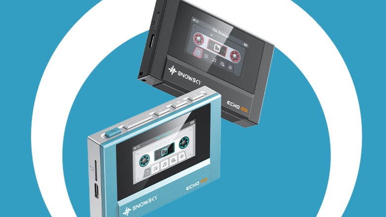Two SnowSky/FiiO Echo Mini Hi-Fi Bluetooth MP3 Player -- one blue, one black -- sit against a computer generated backdrop of a blue background with a white circle