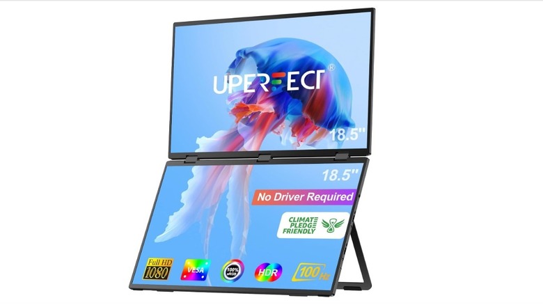 UPerfect Delta Max Touch dual-screen monitor with two foldable 18.5-inch displays in a stacked vertical setup.