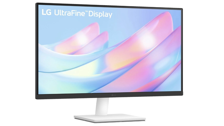 LG UltraFine 27US500-W 4K monitor showing abstract pastel wave graphics.