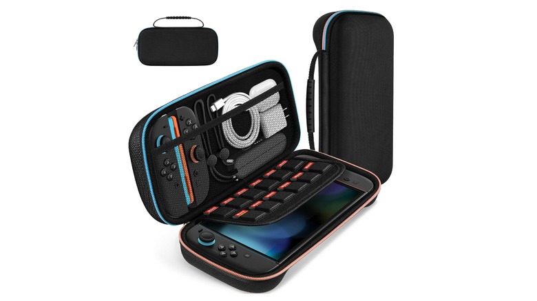 The Ivoler switch 2 case open with extra joy-cons, chargers, and game cards visible