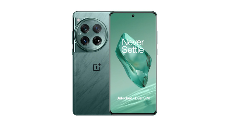 Green OnePlus 12 smartphone on white background