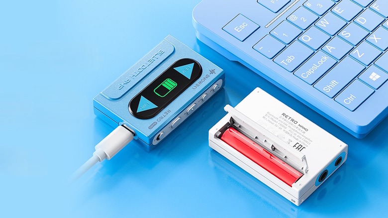 Snowsky Retro Nano on blue background showing battery tray and USB port