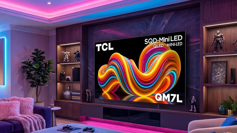 The TCL QM7L wall-mounted in a modern living room.