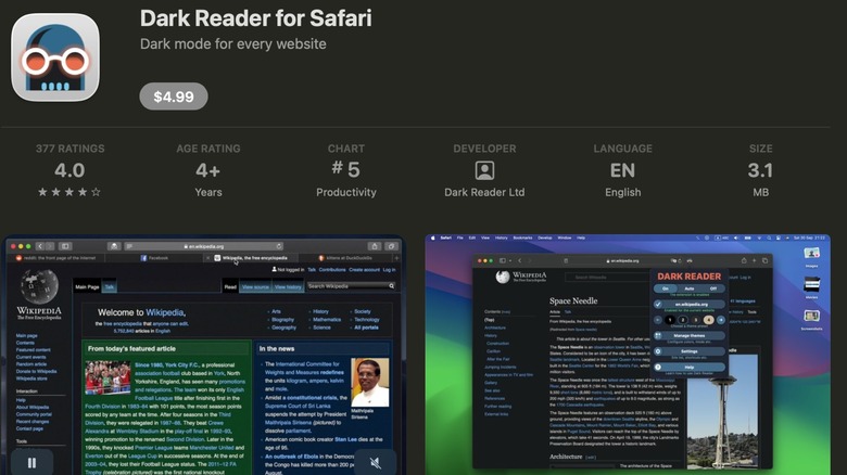 The Apple App Store page for the Dark Reader for Safari browser extension, two screenshots of the Safari browser in dark mode can also be seen