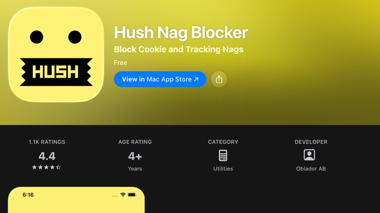 The Apple App Store page for Hush Nag Blocker, a Safari browser extension