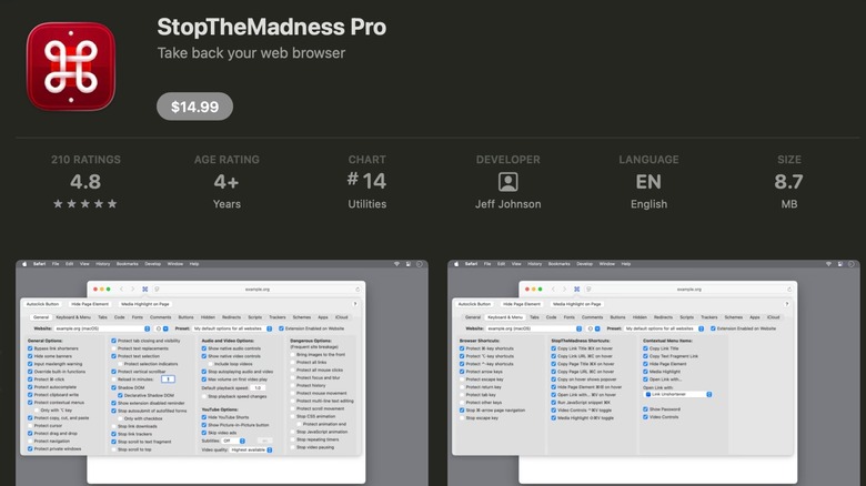 The Apple App Store page for the StopTheMadness Pro Safari Browser extension, two screenshots of the app can be seen