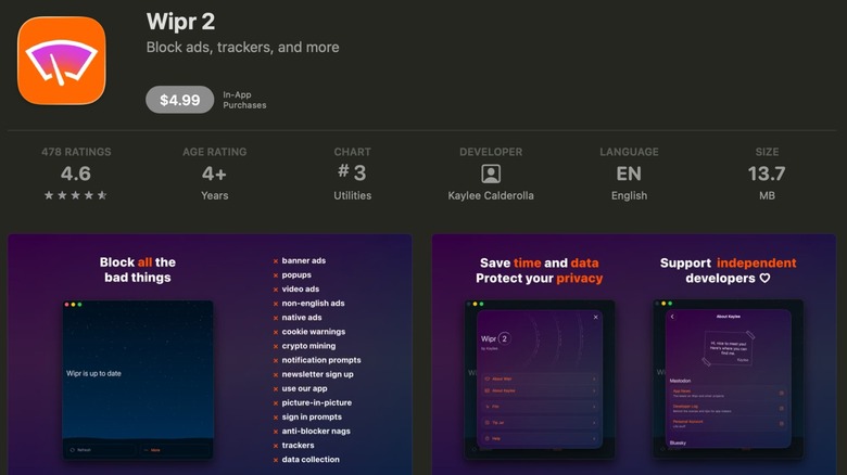 The Apple App Store page for Wipr 2, a Safari browser extension, the page includes two ads showcasing photos of the app
