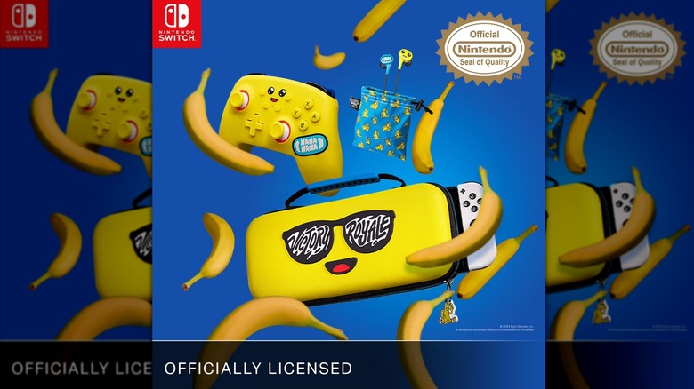 A promotional photo for the Power A "Fortnite" Peely Accessories Pack for Nintendo Switch, showcasing the controller, a carrying case, and wired earbuds with their protective bag, each of the products are surrounded by bananas