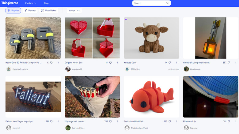 The Thingiverse home page.