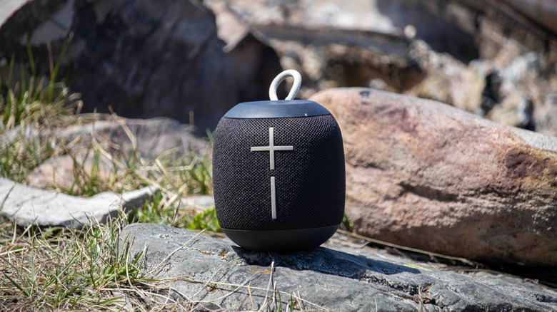 A black wireless speaker with large plus and minus buttons sits on top of a rock