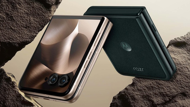 Two Motorola Razr Ultra phones against a rocky background