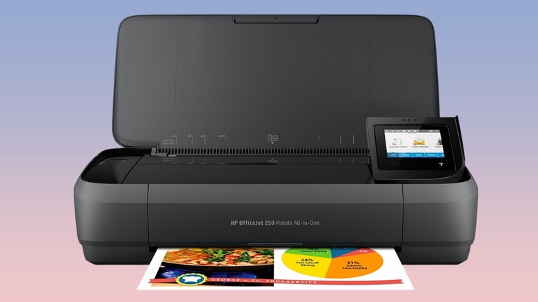 The HP OfficeJet 250 against a gradient background