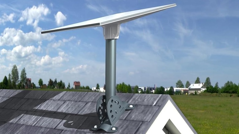 The Foboull Starlink Pivot Roof Mount mounted to a roof and fastened to a Starlink receiver.