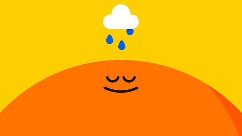 A round orange figure with a simple smiling face on a yellow background with a small rain cloud overhead.