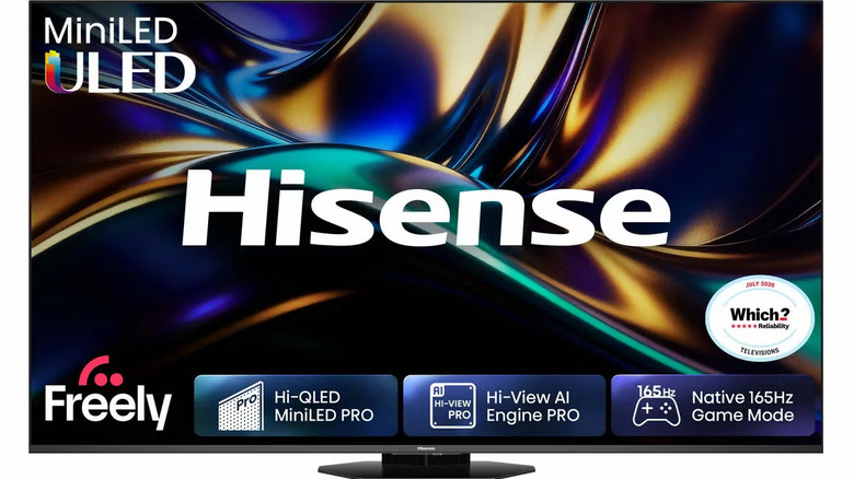 Hisense 65U8QTUK MiniLED ULED TV shown with feature badges on the screen.