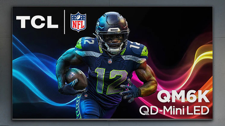 TCL QM6K QD-Mini LED TV displaying NFL player on screen.