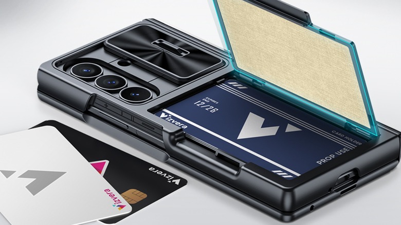 A closeup of the Vizvera Samsung Galaxy Z Fold 7 RFID Wallet Case, the panel for credit cards is open