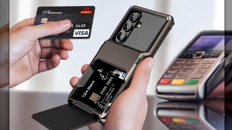 A person holds the Vofolen Samsung Galaxy S26 Wallet Case with 4-Card Holder in their right hand, their left hand holds a Visa credit card