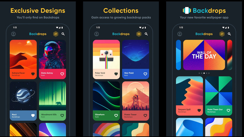 Backdrops app screens showing exclusive wallpaper designs, collections, and wall of the day options.