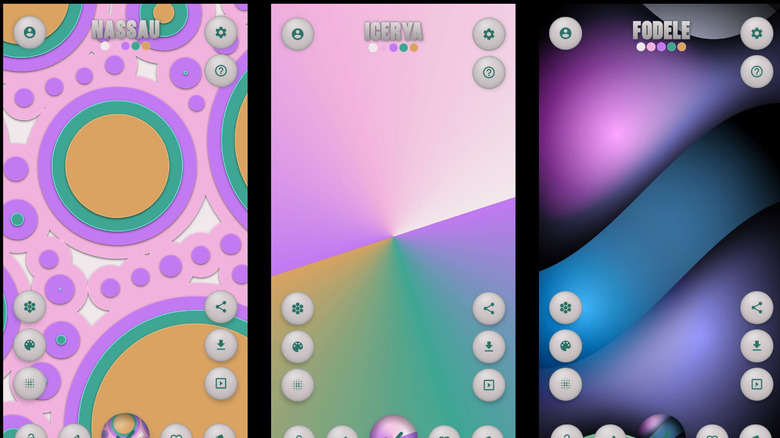 Tapet app screens showing colorful generated wallpaper designs and customization buttons.