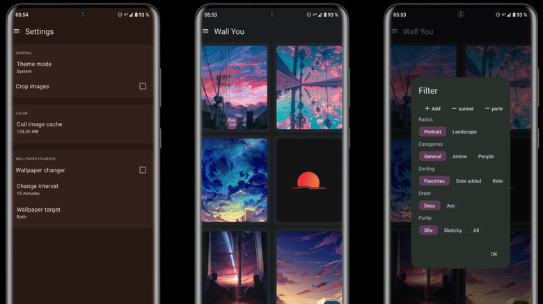 Wall You app screens showing wallpaper settings, browsing, and filters.