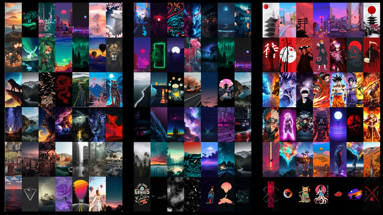 Walli app screens showing a large collection of colorful wallpaper thumbnails.