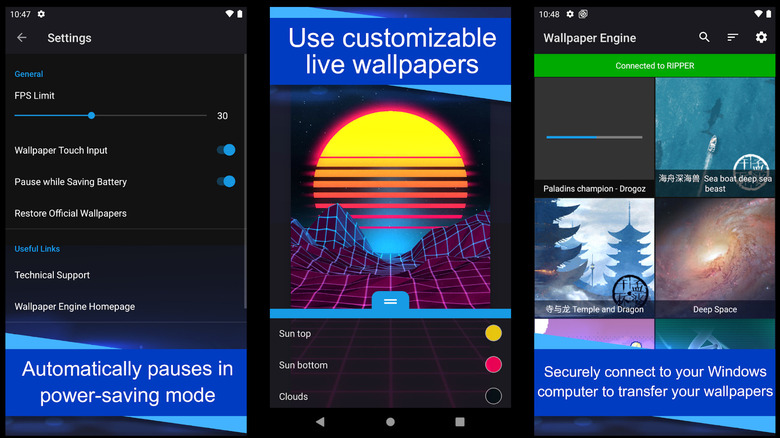 Wallpaper Engine app screens showing live wallpaper settings, customization and transfer from a Windows computer.